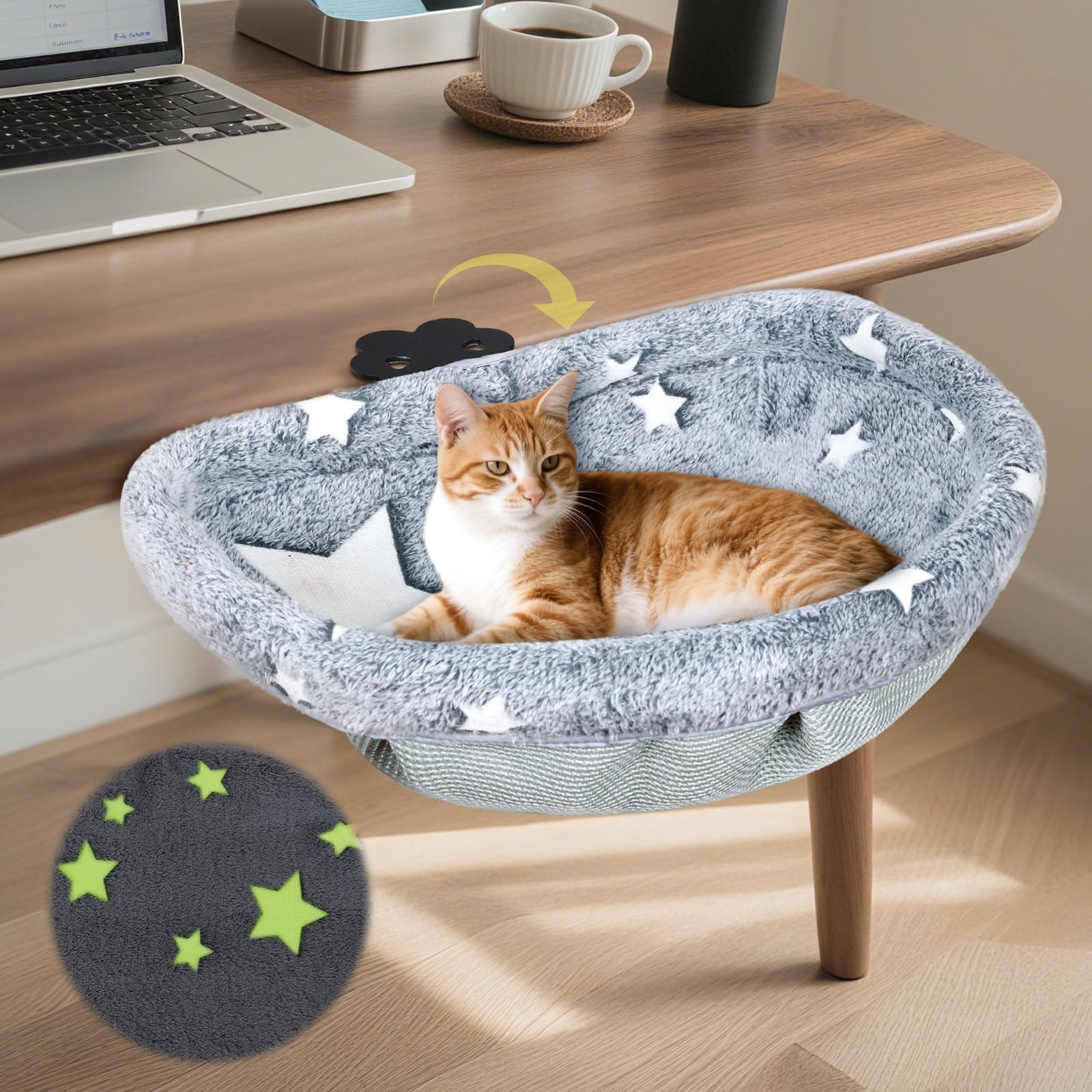 Himake Cat Desk Bed with glow-in-dark fabric for cozy nighttime lounging.