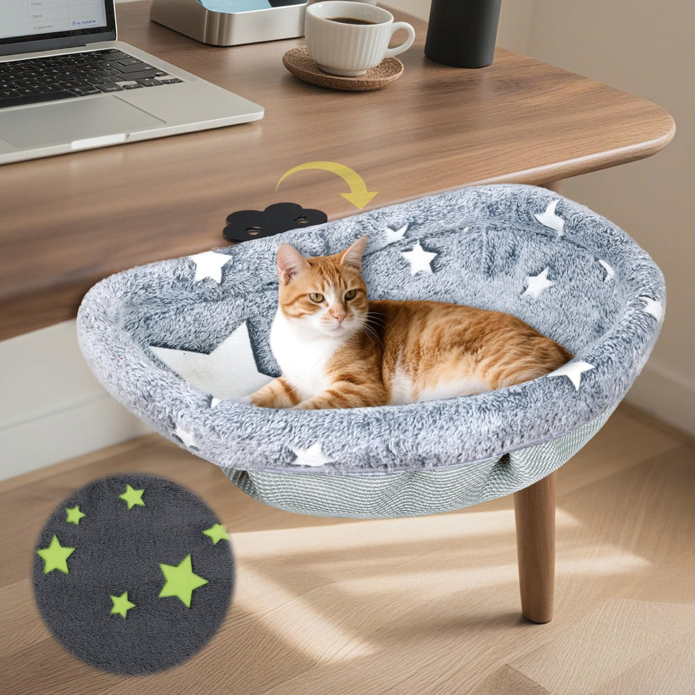 Himake Cat Desk Bed with glow-in-dark fabric for cozy nighttime lounging.
