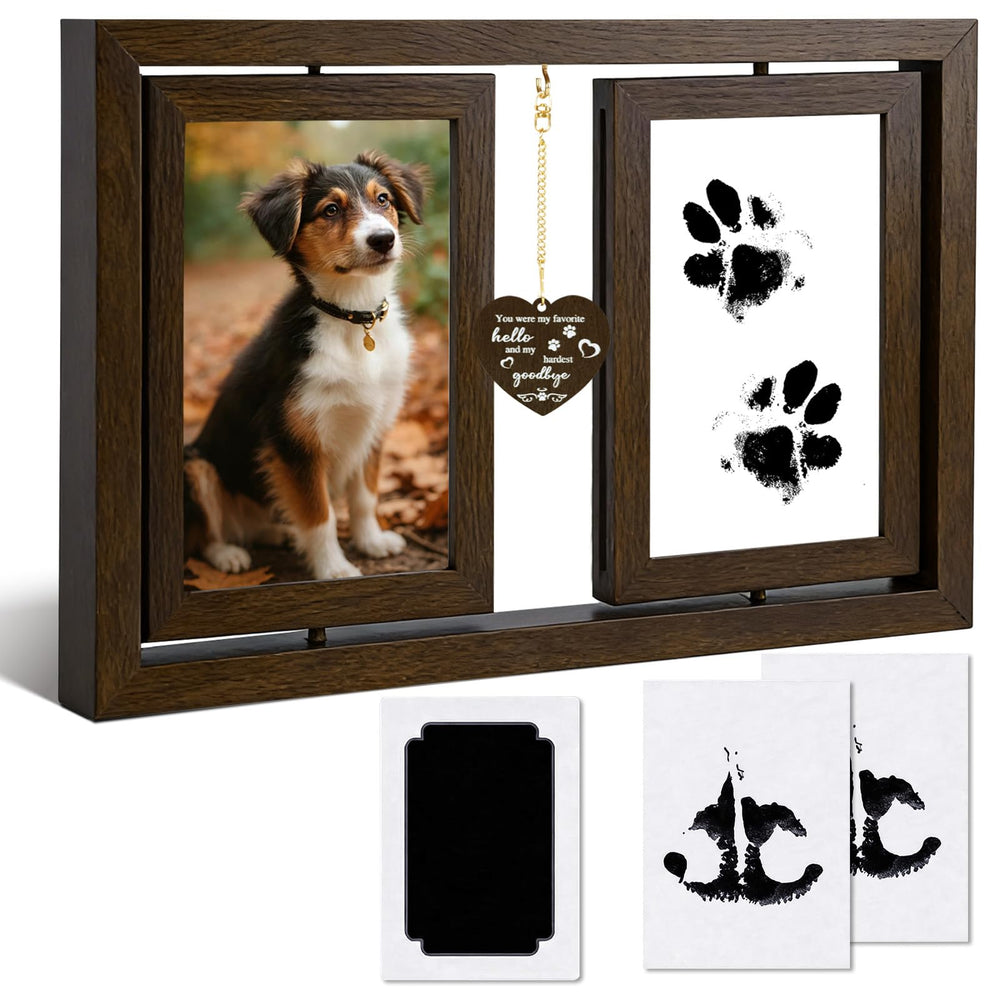 Himake dog picture frame with rotating dual design for paw print and photo