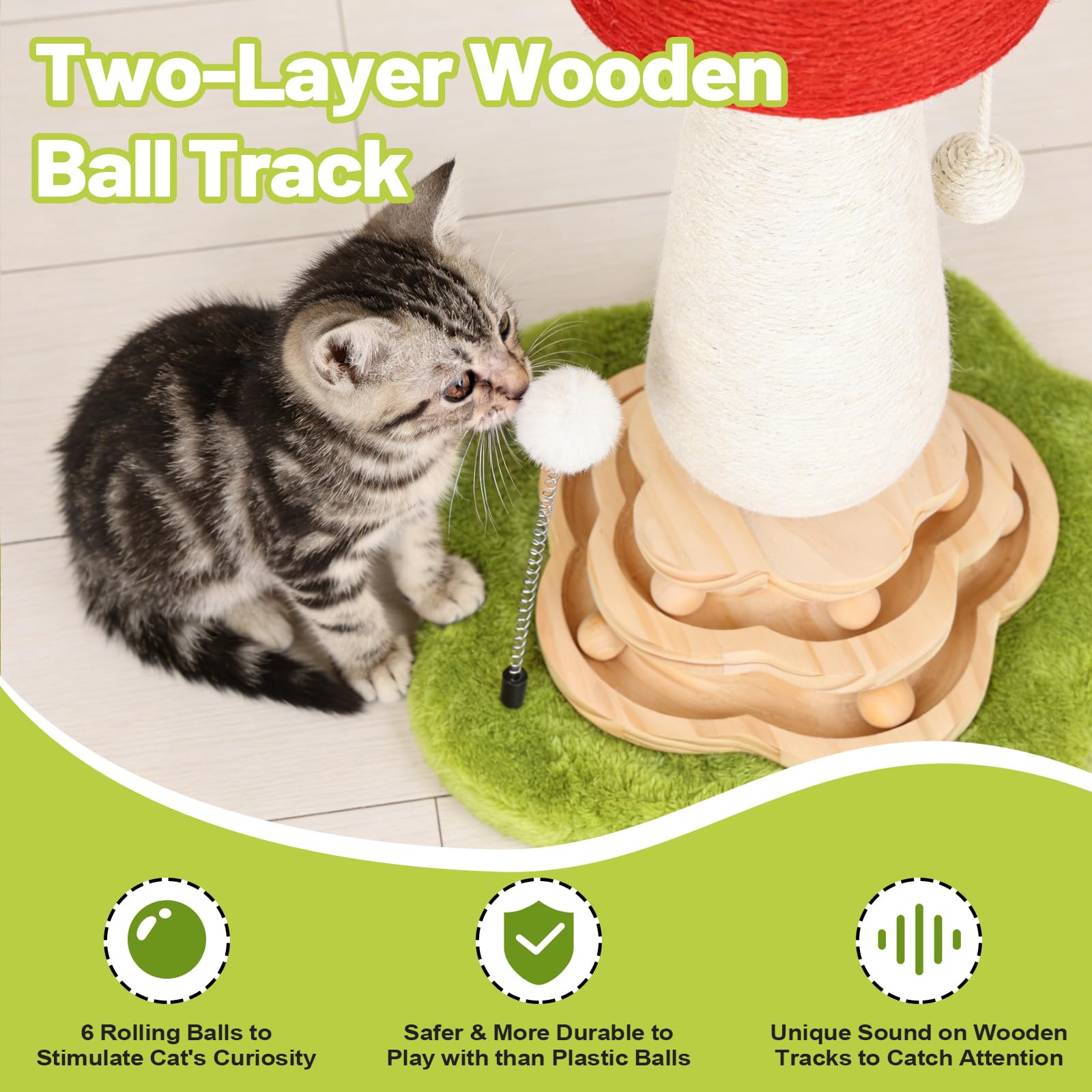 Himake mushroom cat scratch post with moving balls for engagement.