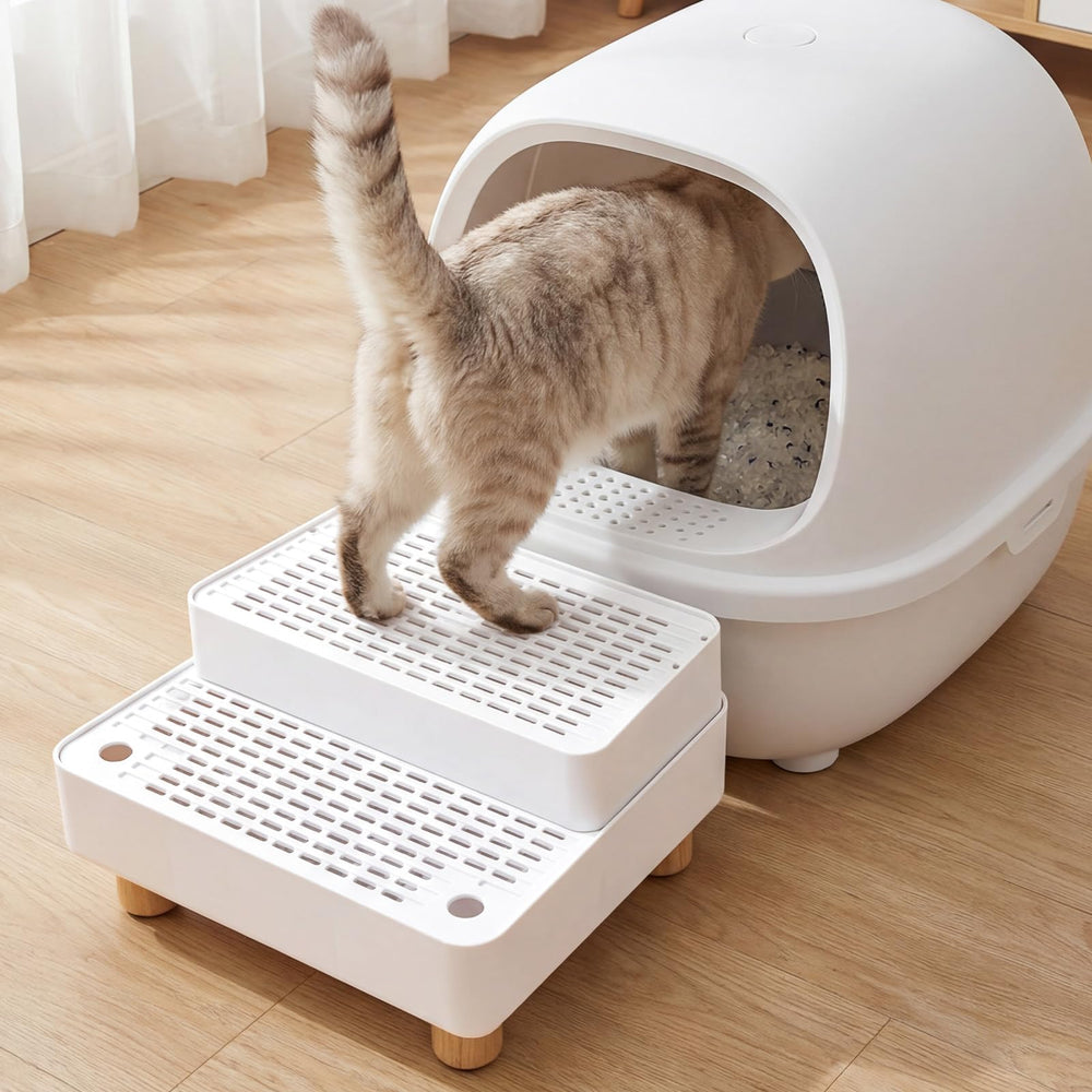 Himake white finish litter box ramp blends with modern decor