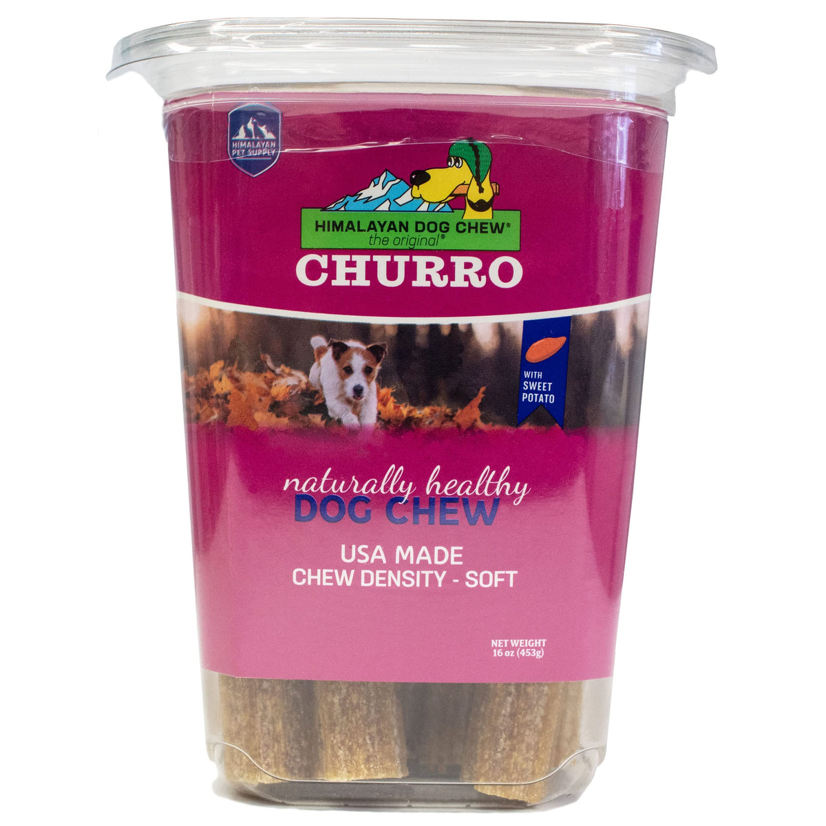 Himalayan Dog Chew CHURRO tub label with cheese and sweet potato