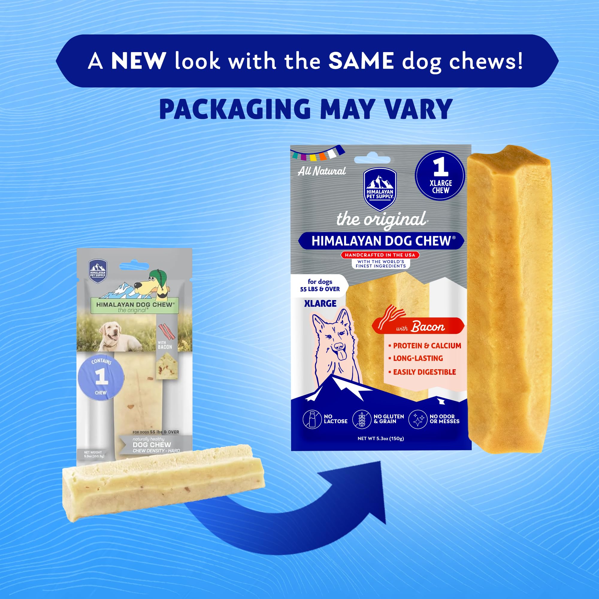 Himalayan Dog Chew labeling highlights gluten-free grain-free lactose-free benefits
