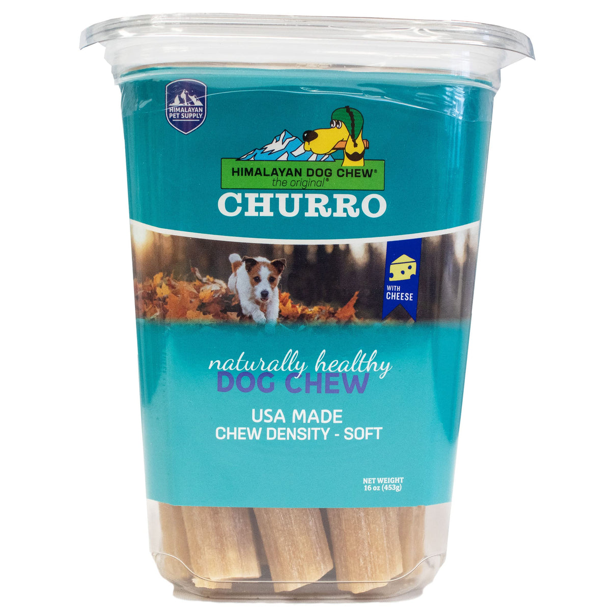 Himalayan Dog Chew holiday churro tub front view showing lactose-free, gluten-free treats.