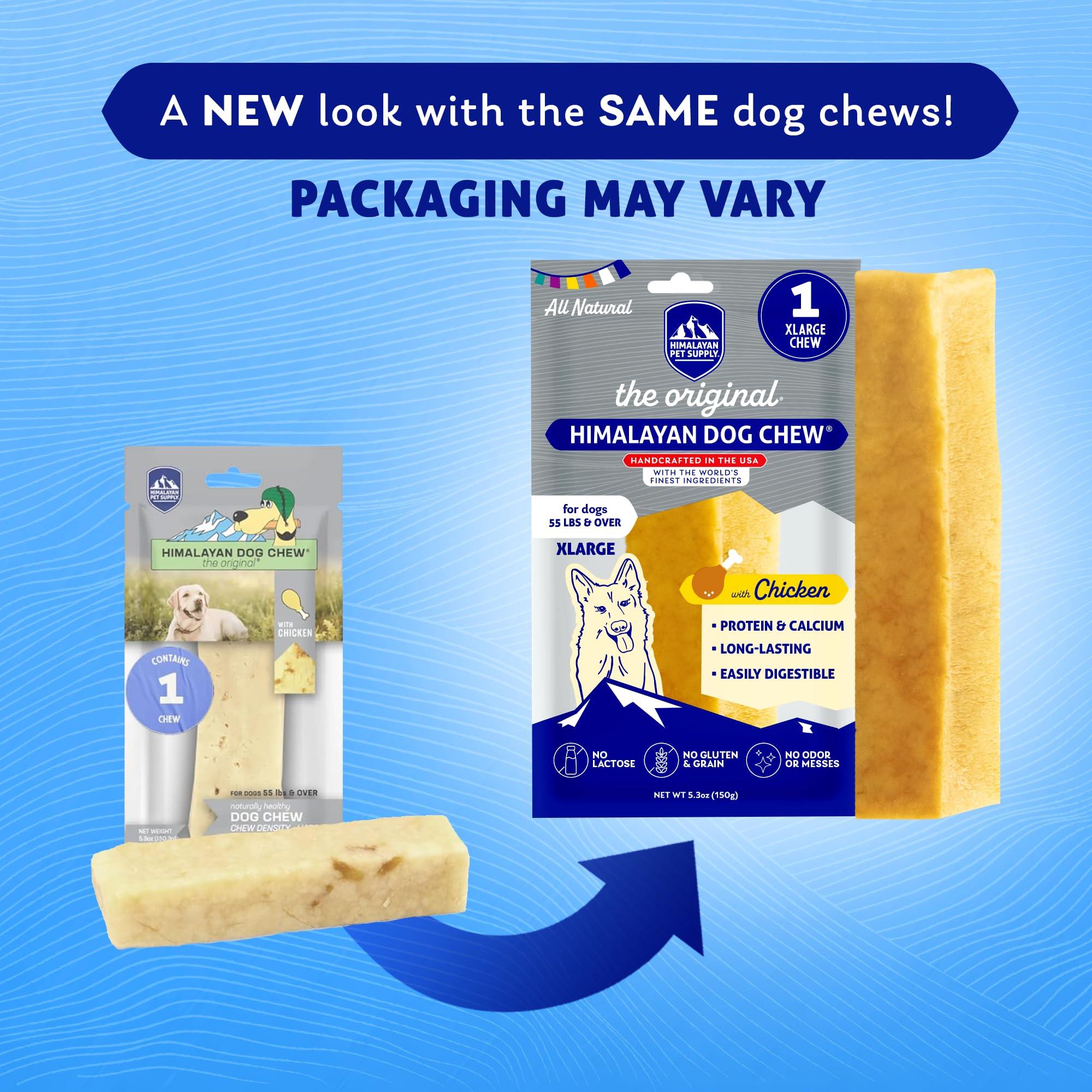 Himalayan Dog Chew lactose-free label on packaging, gentle on stomachs.