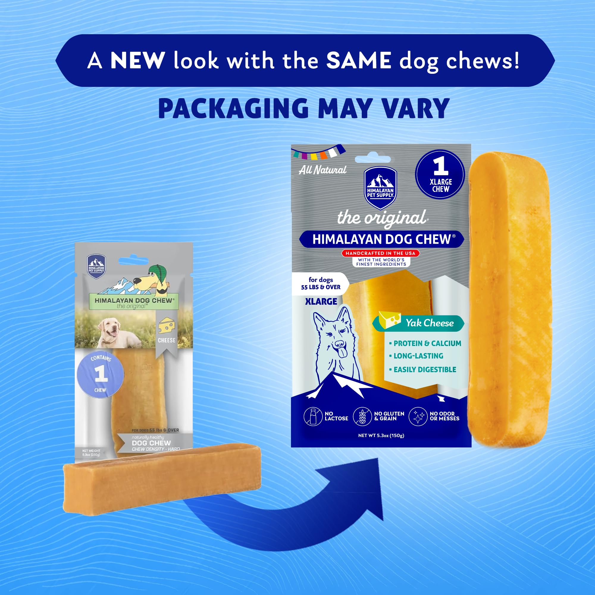 Himalayan Dog Chew packaging communicates gluten-free and grain-free benefits.