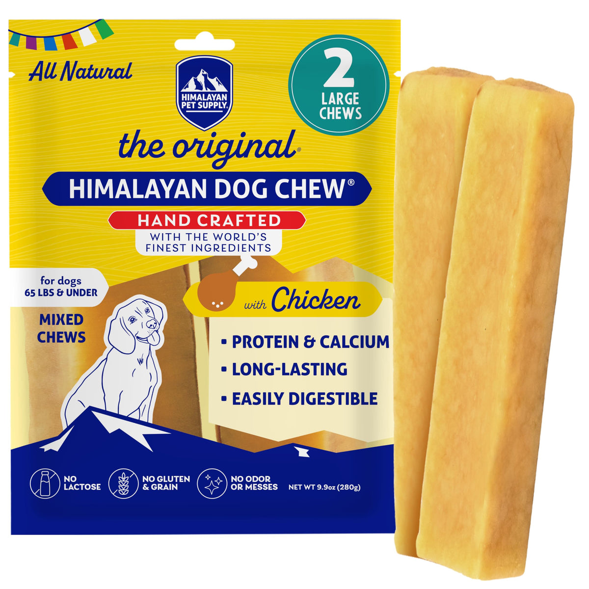 Himalayan Dog Chew packaging shows a natural, long-lasting treat for dogs.