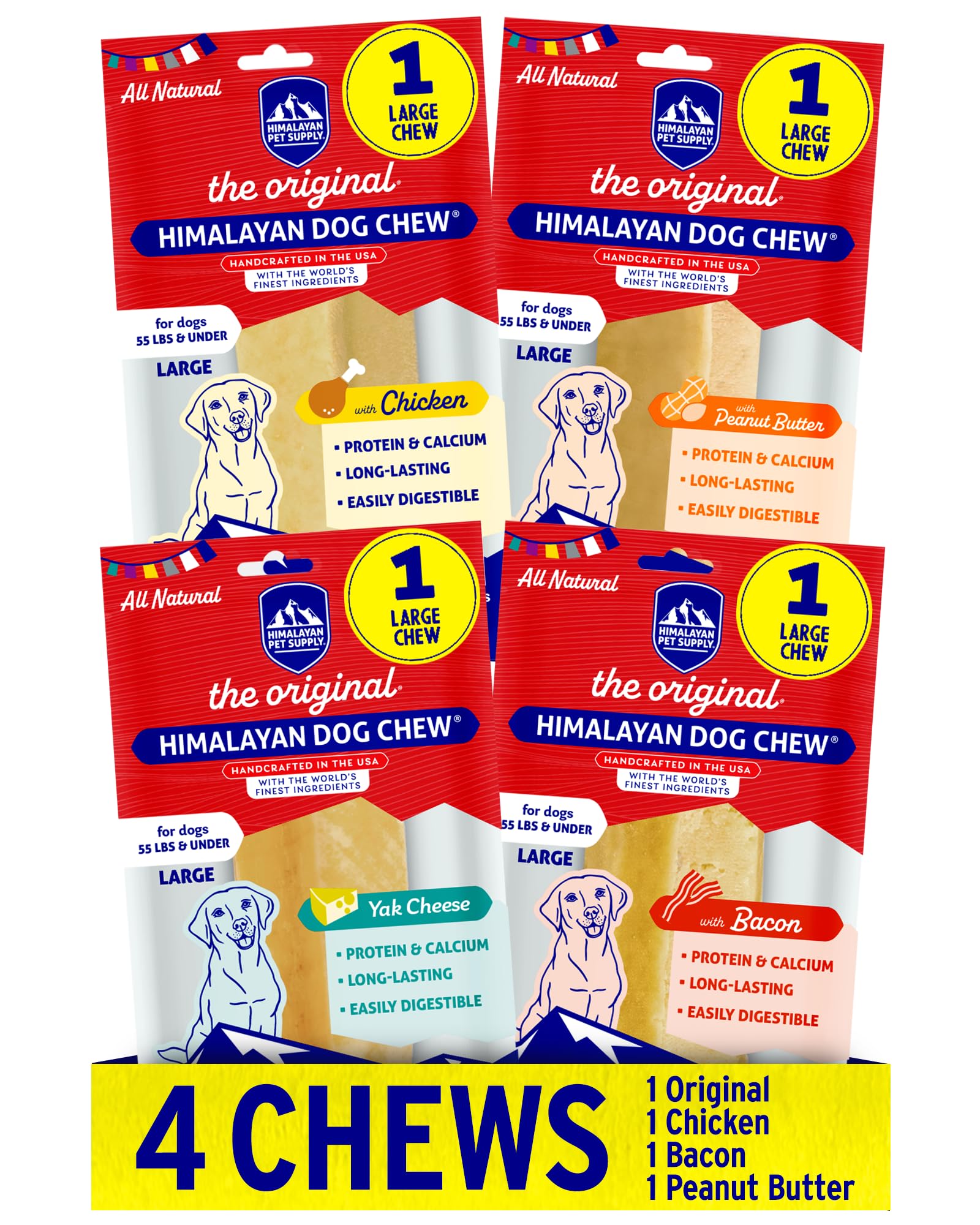 Himalayan Dog Chew variety pack closeup showing four flavors and dense texture for dogs