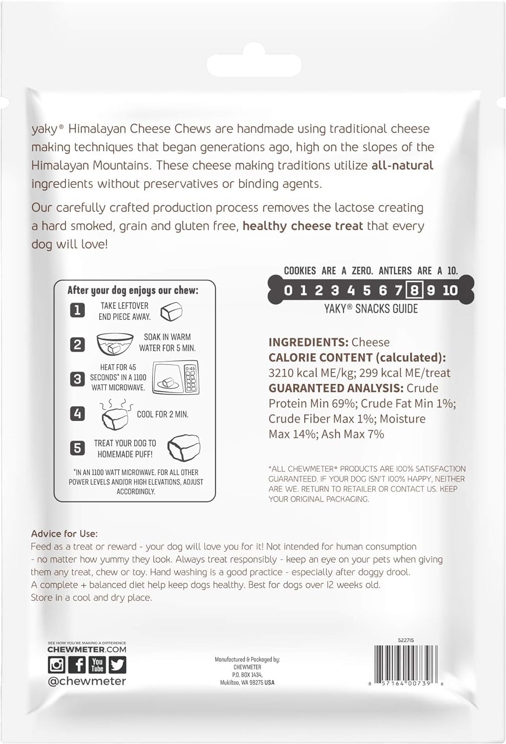 Himalayan Dog Chew Yaky Cheese digestible surface emphasizes lactose-free, grain-free benefits.