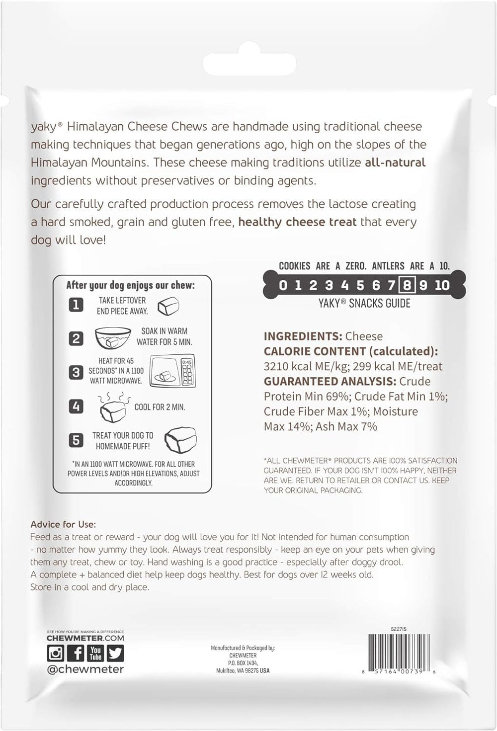 Himalayan Dog Chew Yaky Cheese digestible surface emphasizes lactose-free, grain-free benefits.