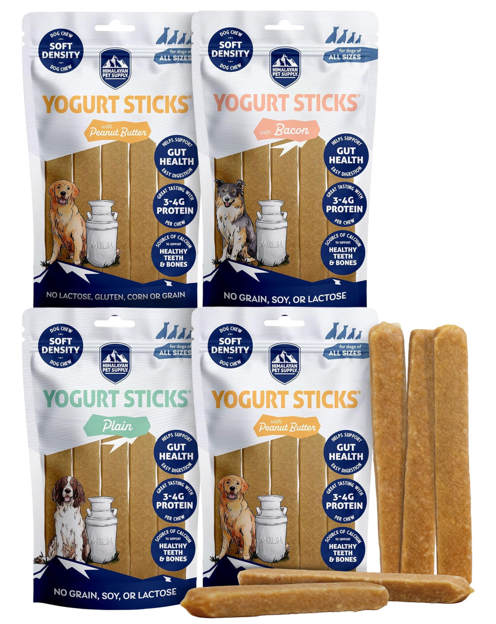Himalayan Dog Chew Yogurt Sticks with mixed flavors offer tasty, easy-to-digest rewards.