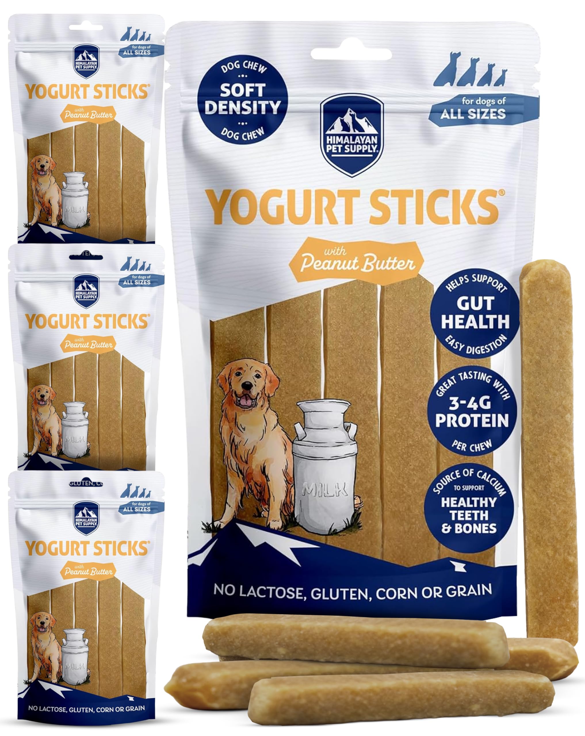 Himalayan Dog Chew Yogurt Sticks packaging highlights natural ingredients and USA-made quality.
