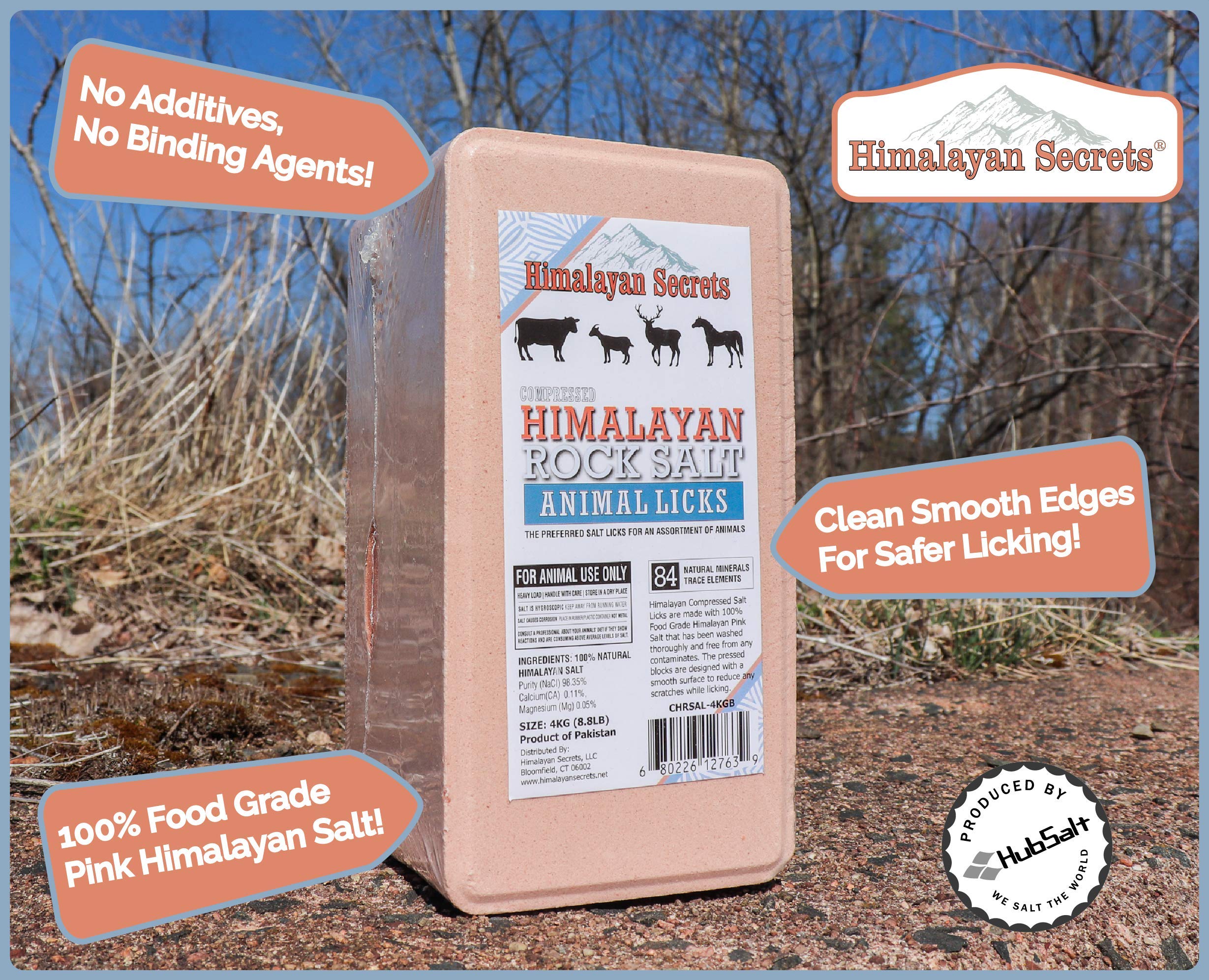 Himalayan Secrets pink rock salt block in pasture, supports hydration and mineral balance.