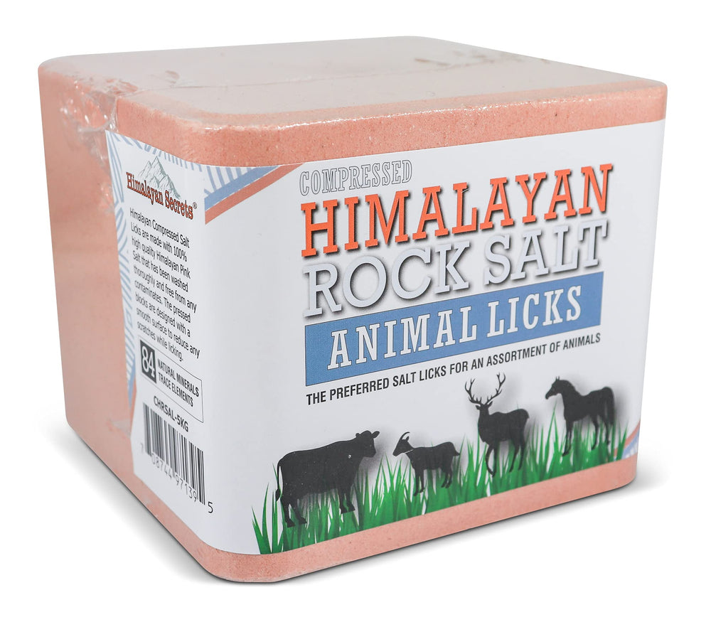 Himalayan Secrets salt block for deer and horses, durable compact design for steady mineral intake.