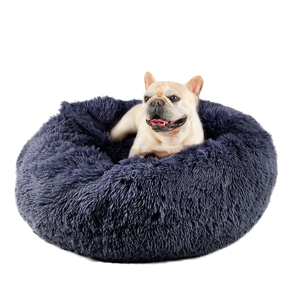 Himax medium dog bed in round donut shape with attached blanket for cozy burrowing.
