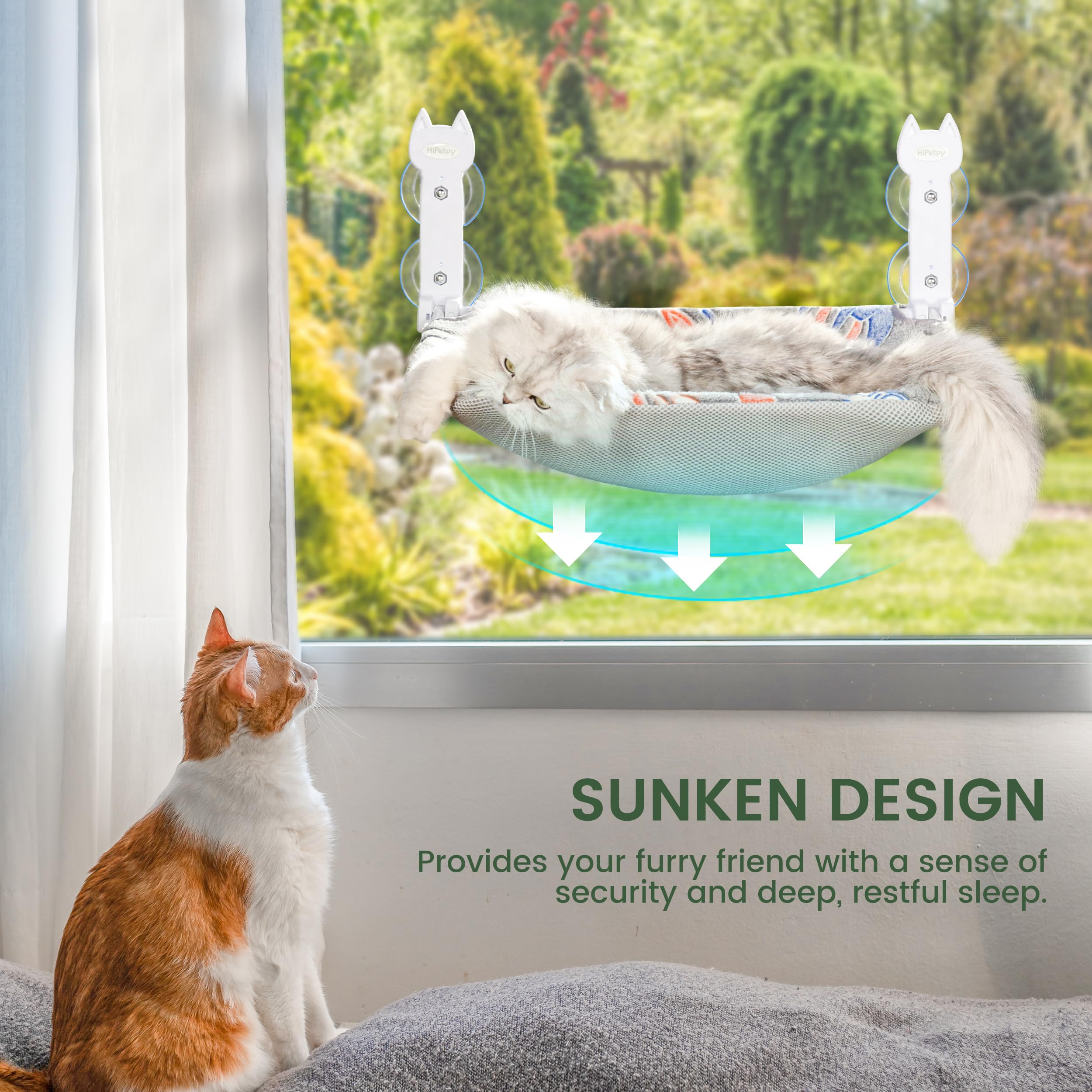 HiPetpy foldable window perch lowers for naps and sunny views.