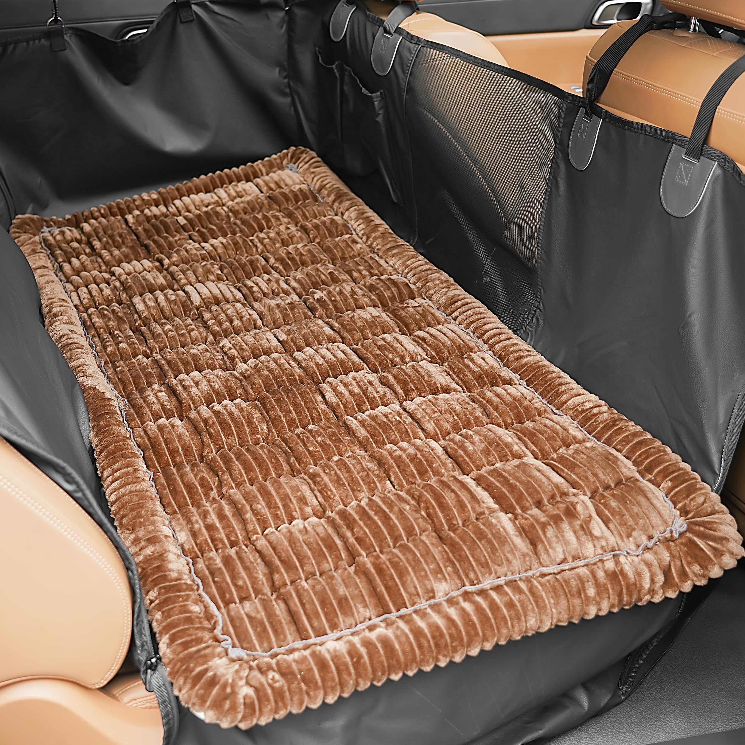 HiPetpy backseat dog bed mat with anti-slip backing for secure car rides.