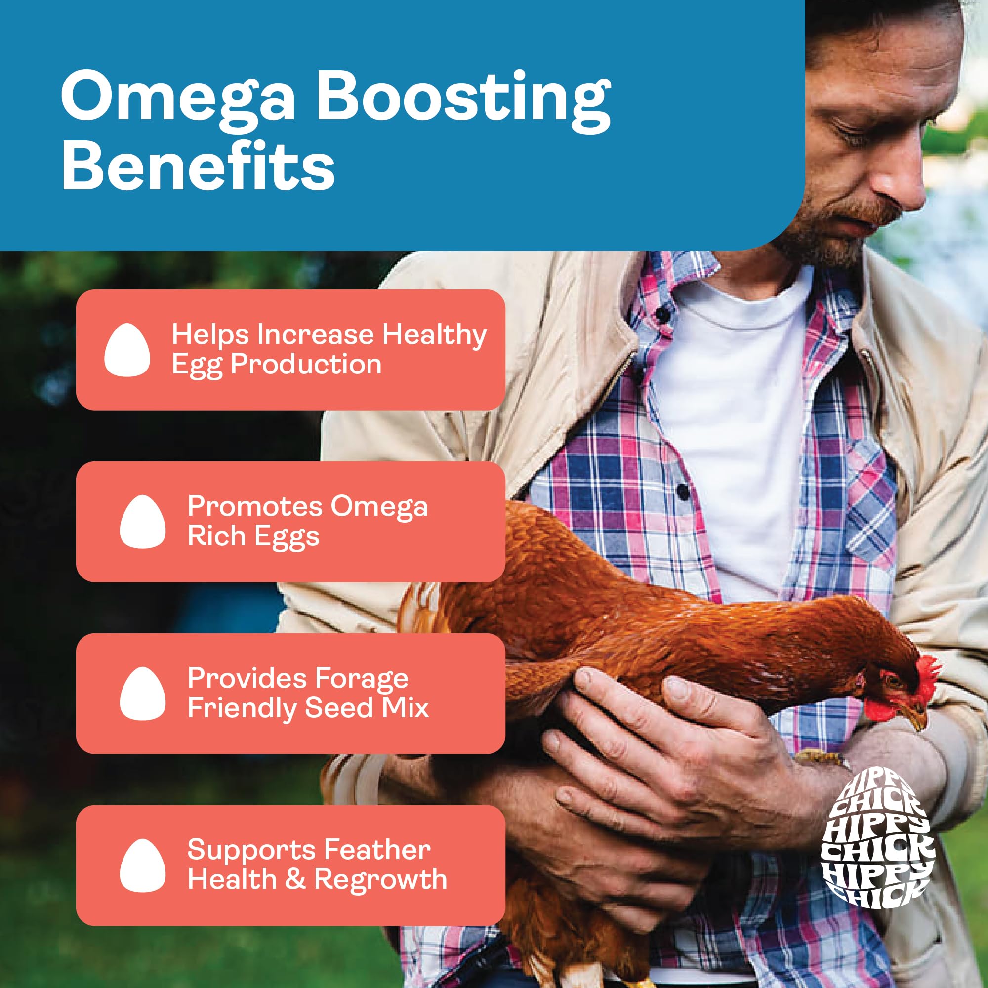 Hippy Chick Omega Booster bag packaging highlighting natural ingredients for healthier eggs.