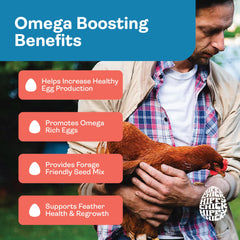 Hippy Chick Omega Booster bag packaging highlighting natural ingredients for healthier eggs.