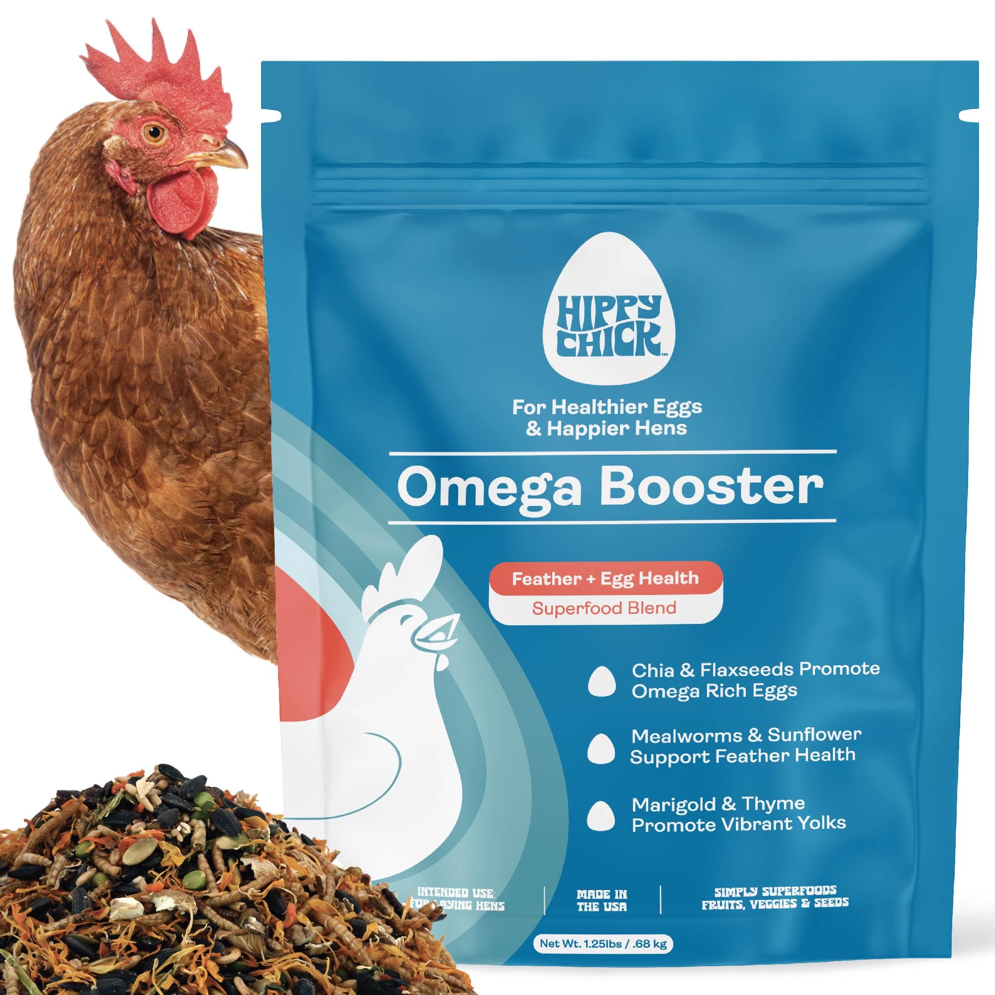 Hippy Chick Omega Booster bottle close-up showing a colorful mix for flock enrichment.