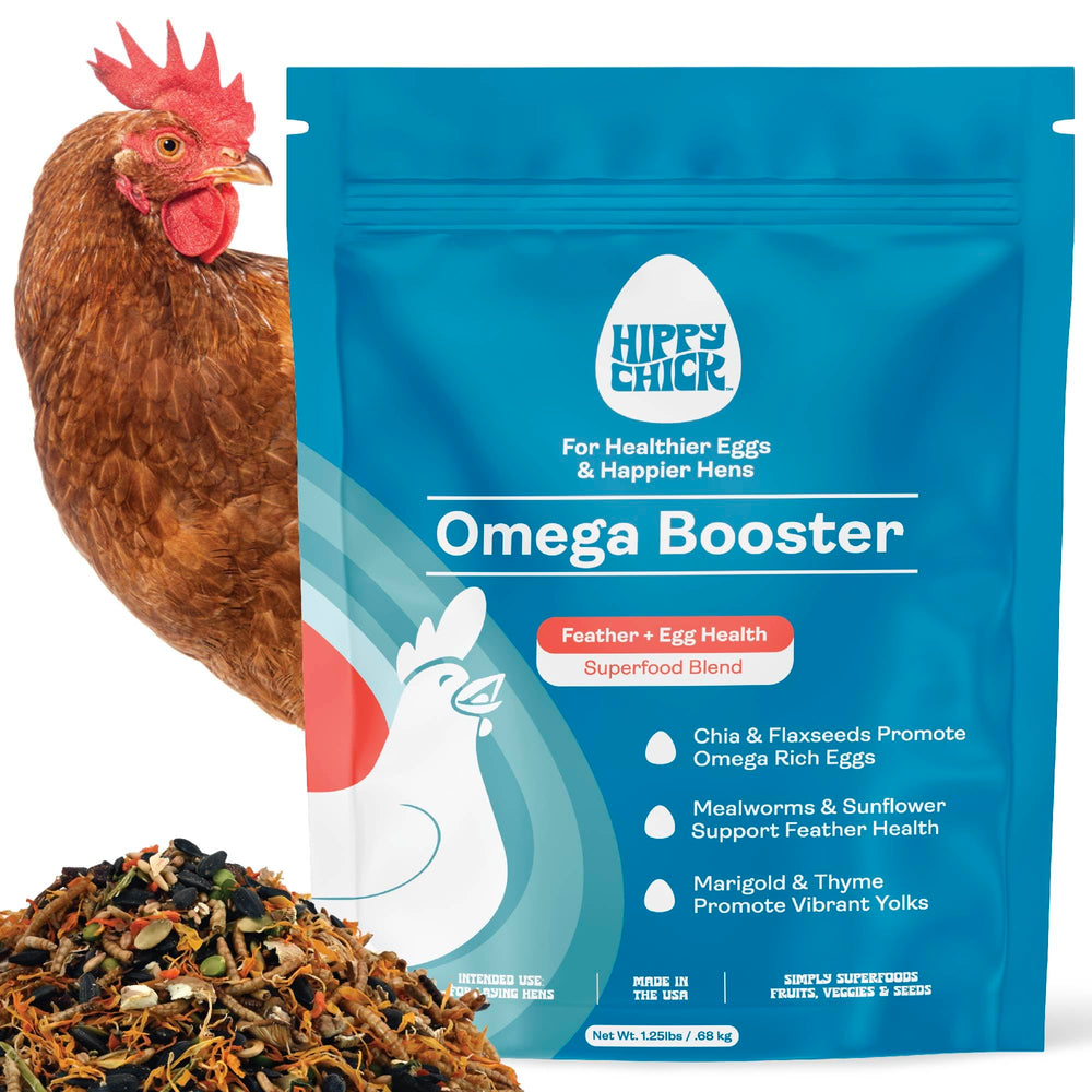 Hippy Chick Omega Booster bottle close-up showing a colorful mix for flock enrichment.