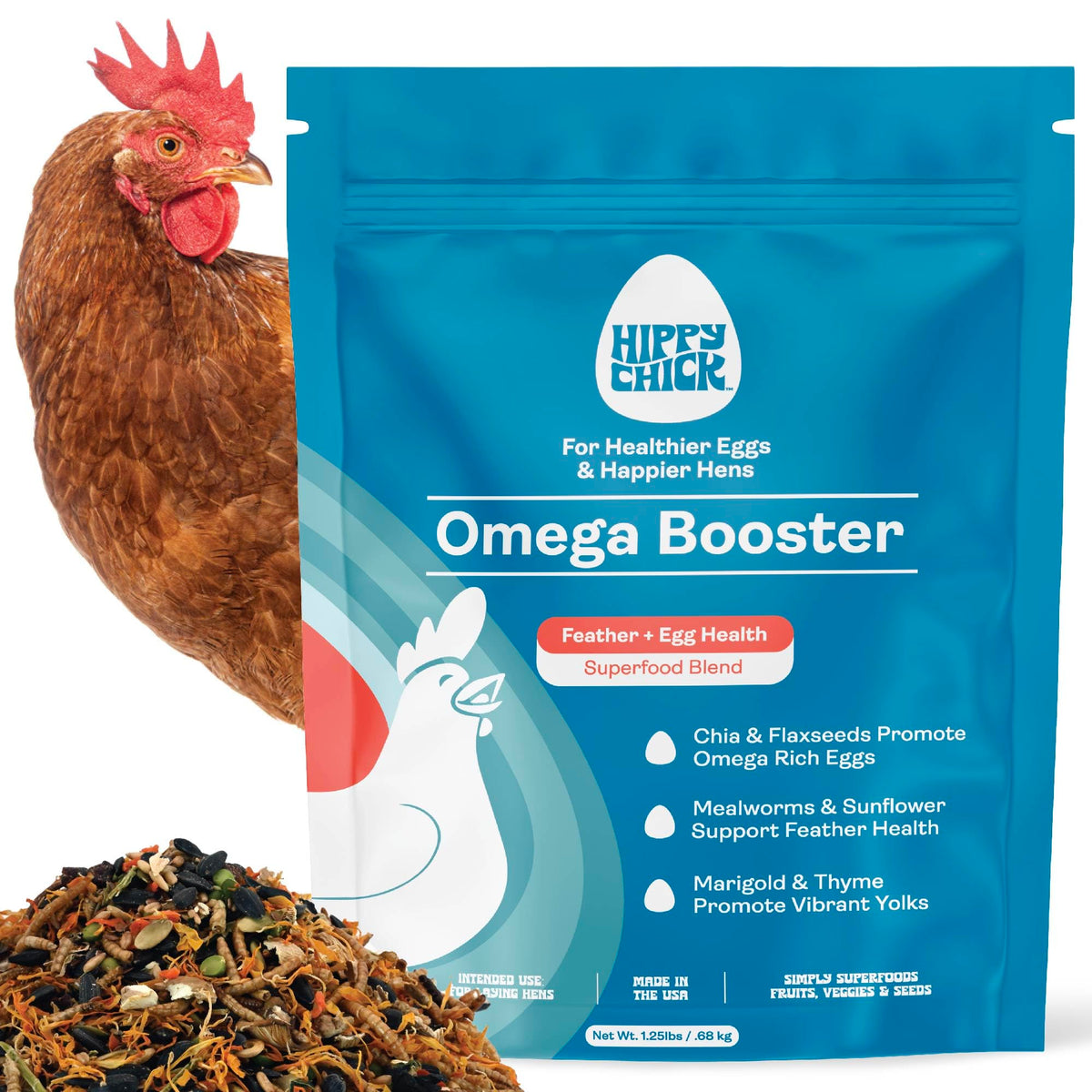 Hippy Chick Omega Booster bottle close-up showing a colorful mix for flock enrichment.