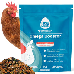 Hippy Chick Omega Booster bottle close-up showing a colorful mix for flock enrichment.