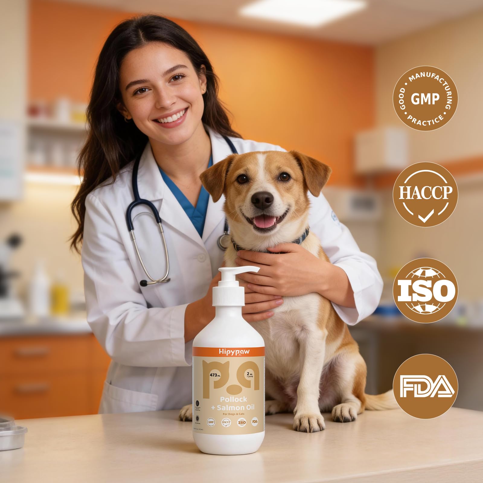 HipyPaw bottle label and nutrition-info highlights EPA/DHA and Vitamin E benefits.