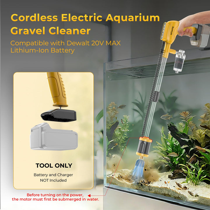 HiTauing 6-in-1 aquarium cleaner shown as an all-in-one tool for water changes