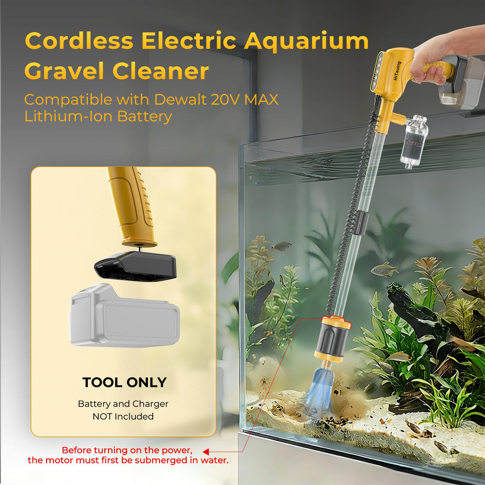 HiTauing 6-in-1 aquarium cleaner shown as an all-in-one tool for water changes