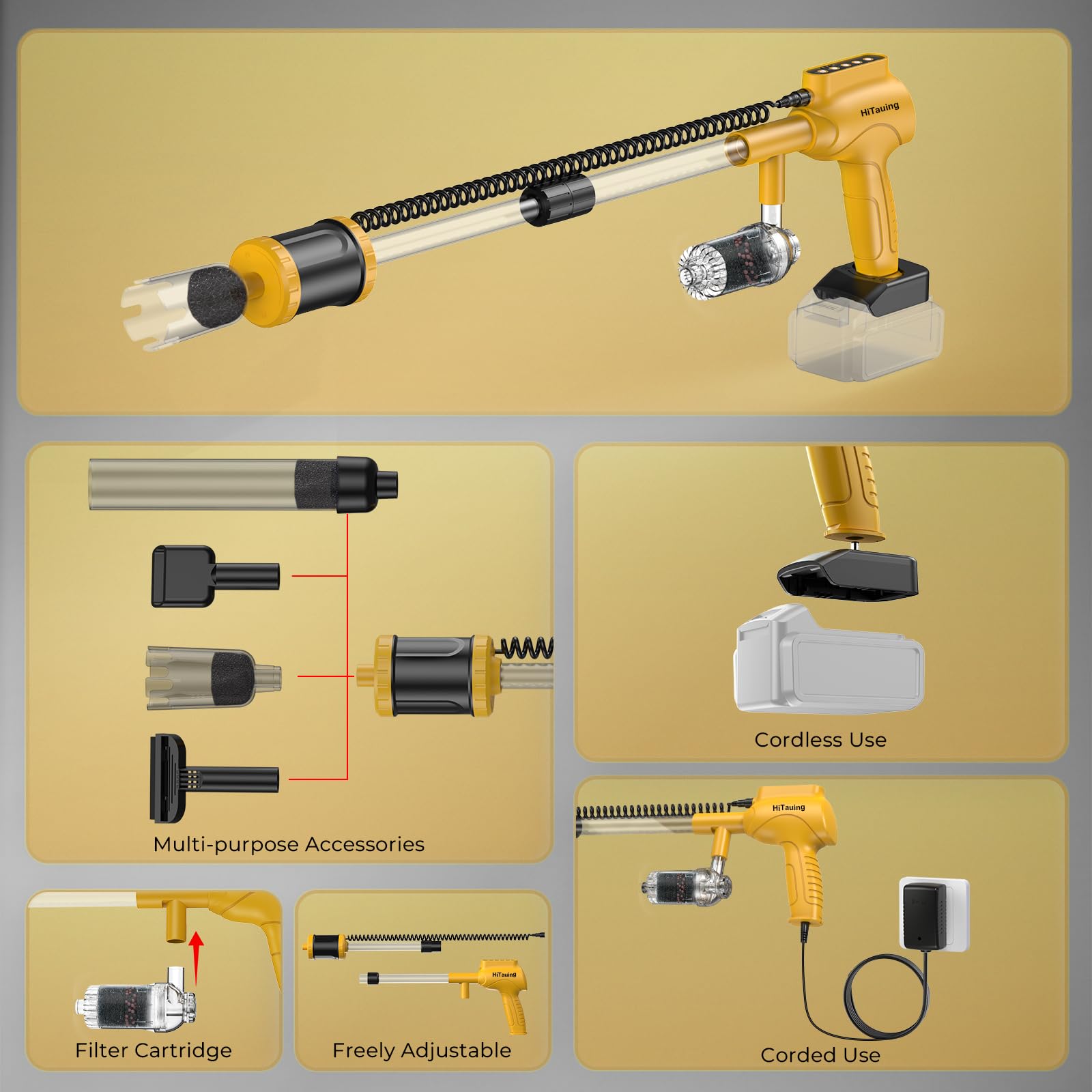 HiTauing accessories kit includes four heads and hose for versatile maintenance