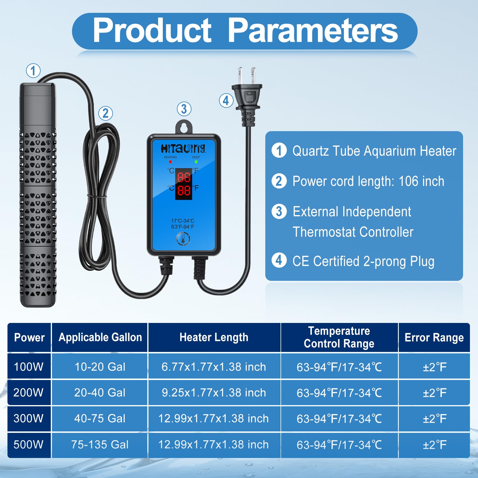 HiTauing 20-40 gallon compatibility for freshwater and saltwater tanks.