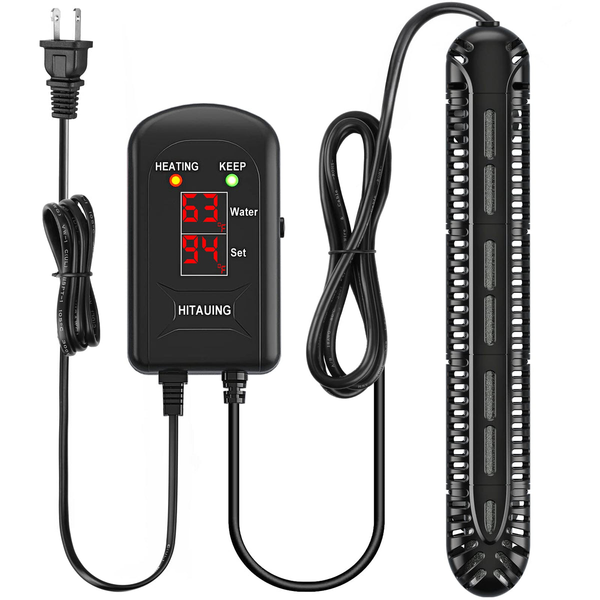 HiTauing aquarium heater with digital display enables precise tank temperature control.