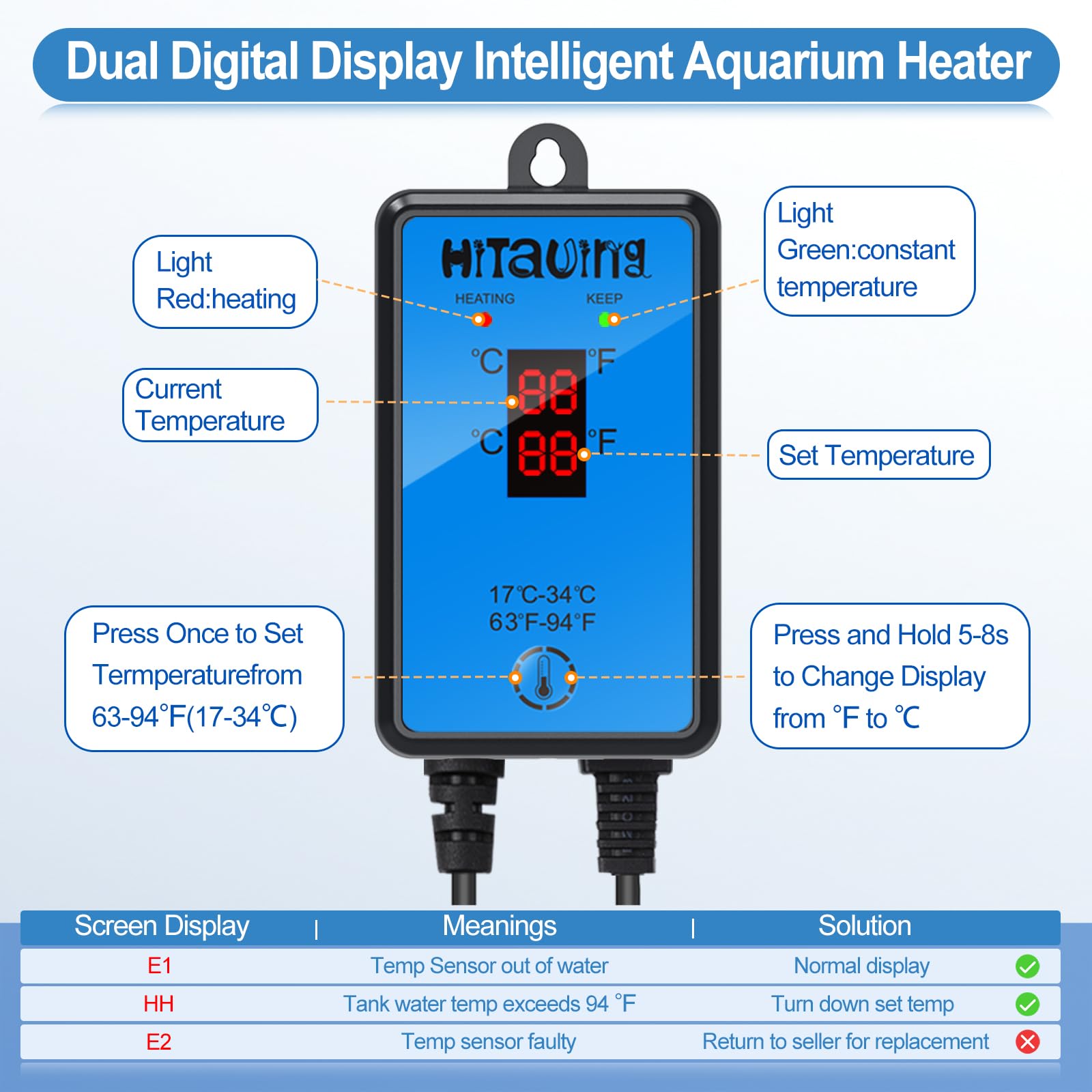 HiTauing heater with digital LED display shows real-time and target temps.