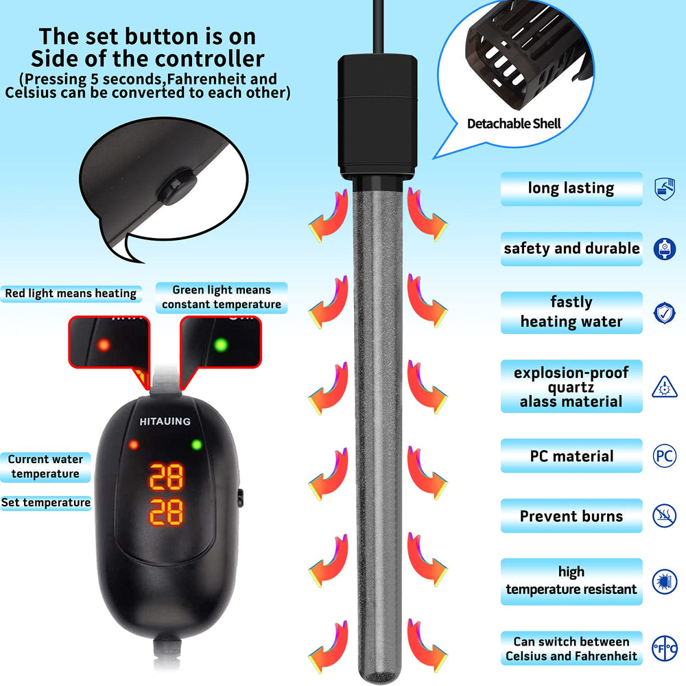 HiTauing digital temperature display shows tank temperature at a glance.