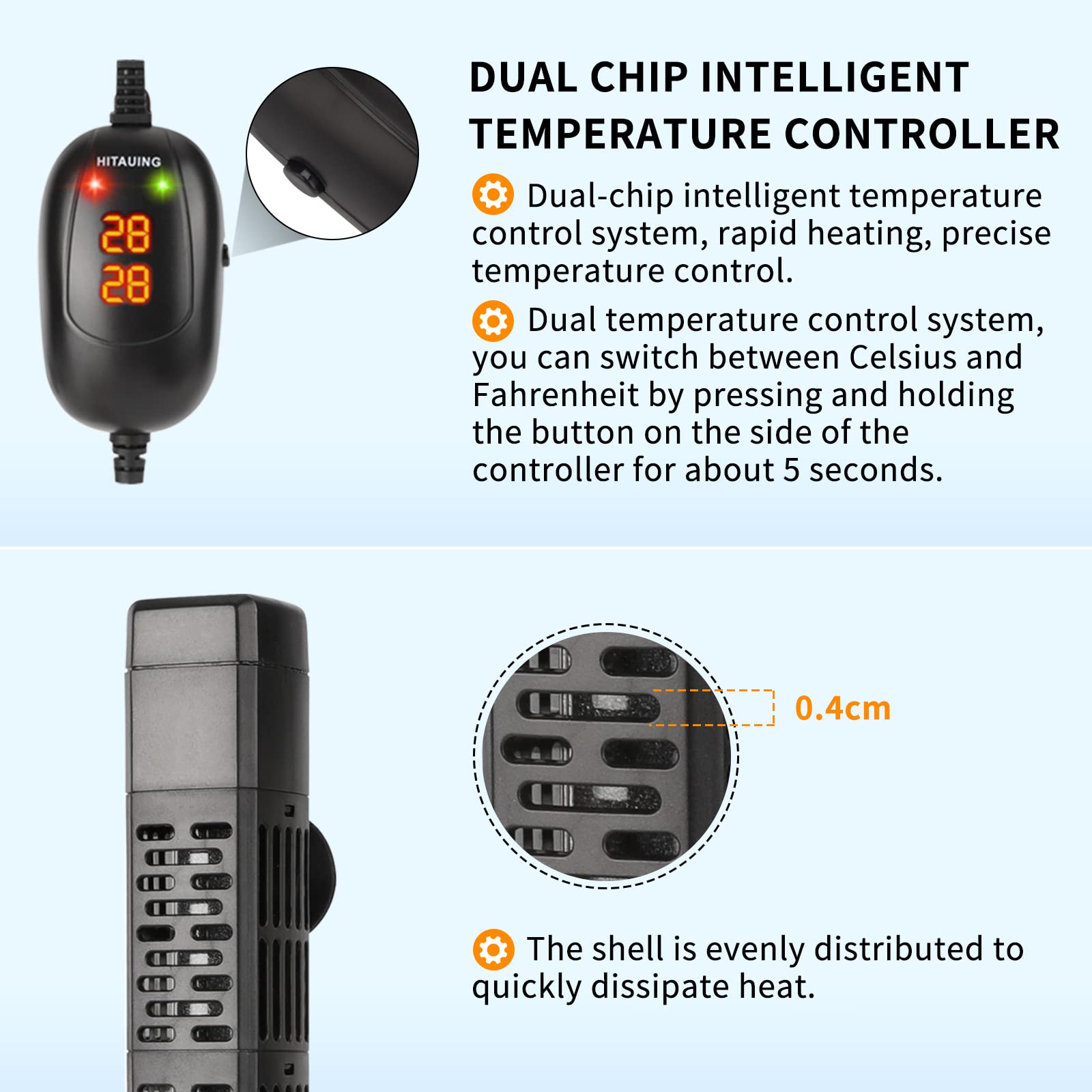 HiTauing aquarium heater explosion-proof glass with high-temperature ABS shell protects fish and hobbyists.