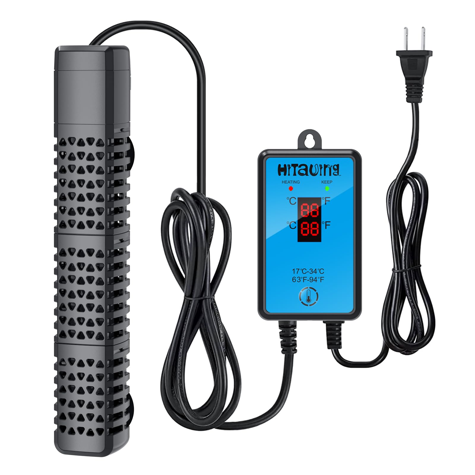 HiTauing aquarium heater with explosion-proof quartz tube for safe freshwater and saltwater tanks.