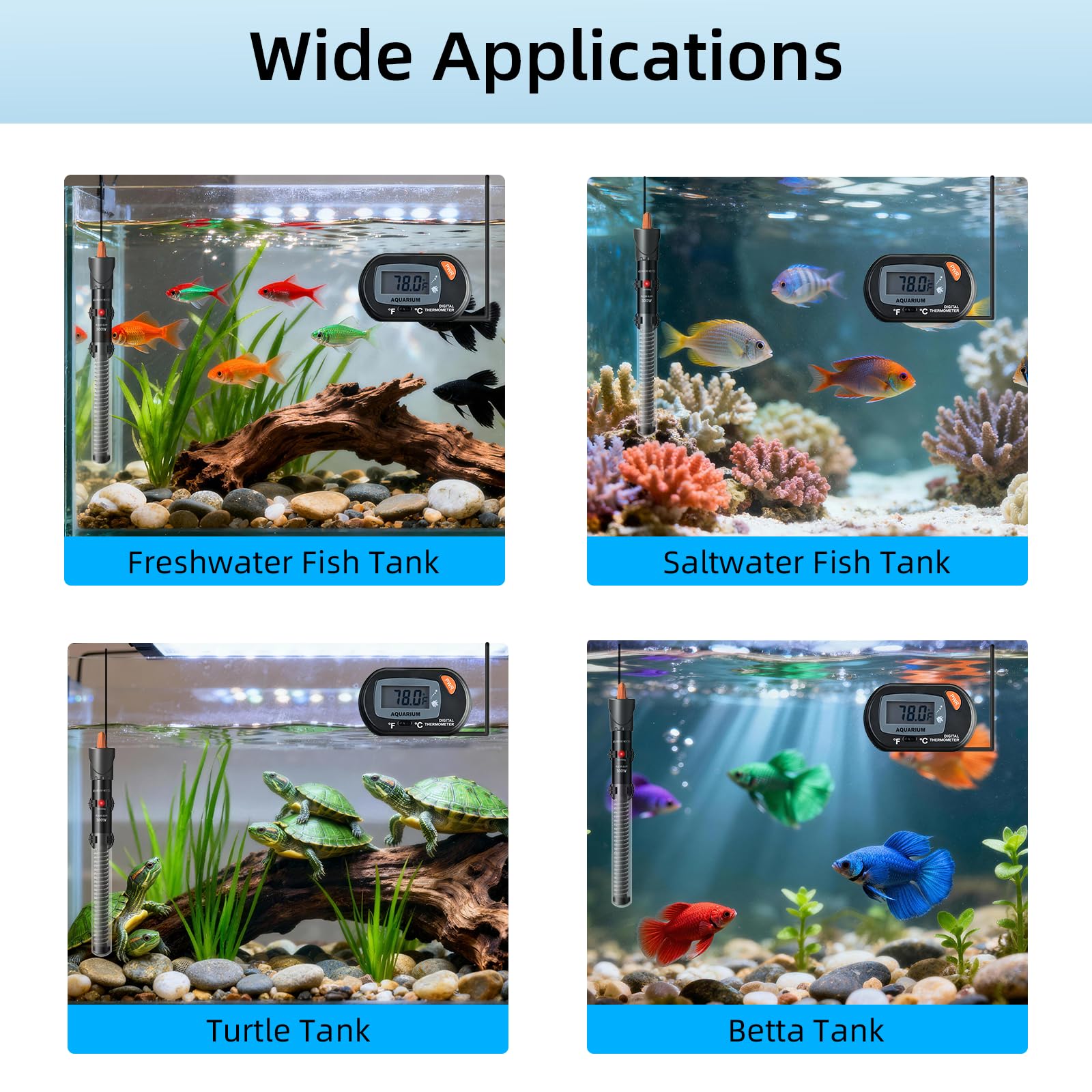 HiTauing heater supports freshwater, saltwater, turtle, and betta tanks.