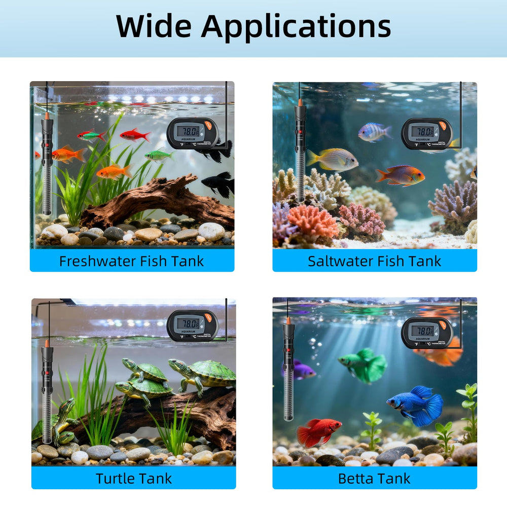 HiTauing heater supports freshwater, saltwater, turtle, and betta tanks.