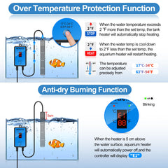 HiTauing aquarium heater mounted with suction cups on glass tank.