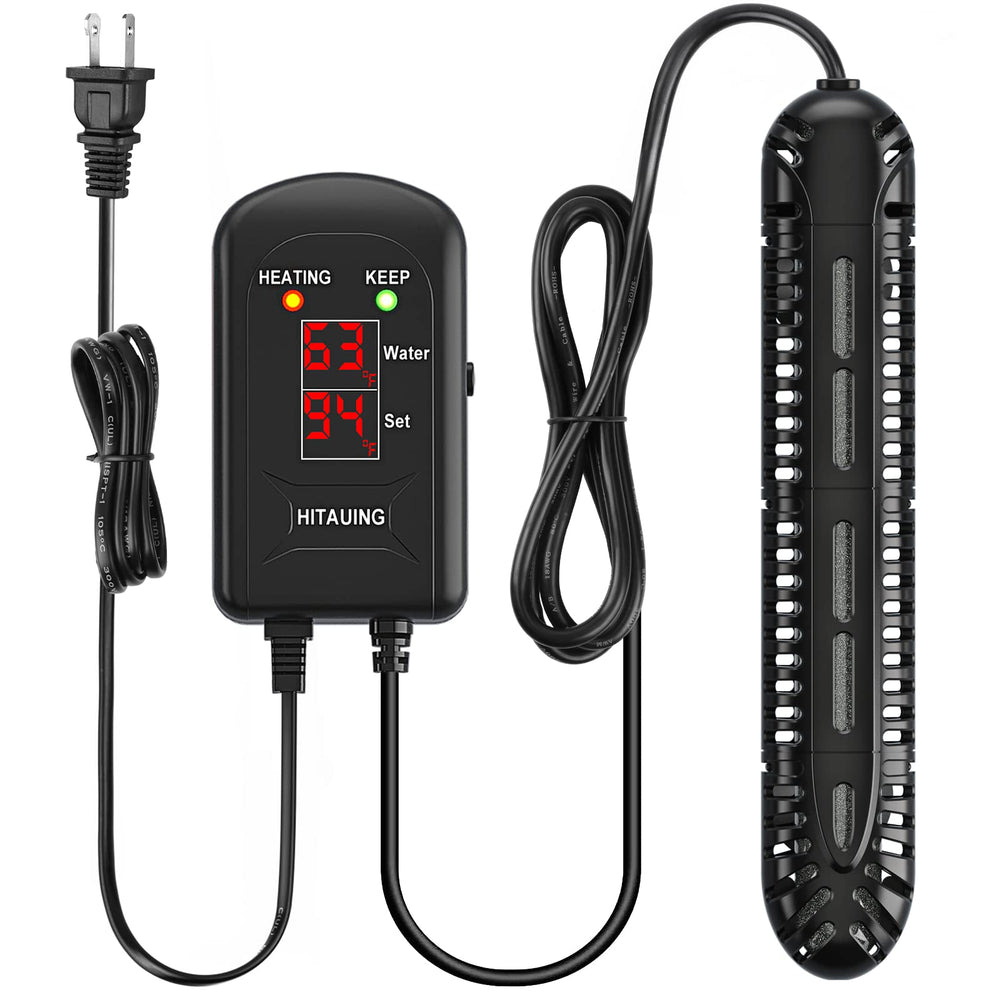 HiTauing aquarium heater with LED display for precise water temperature monitoring.