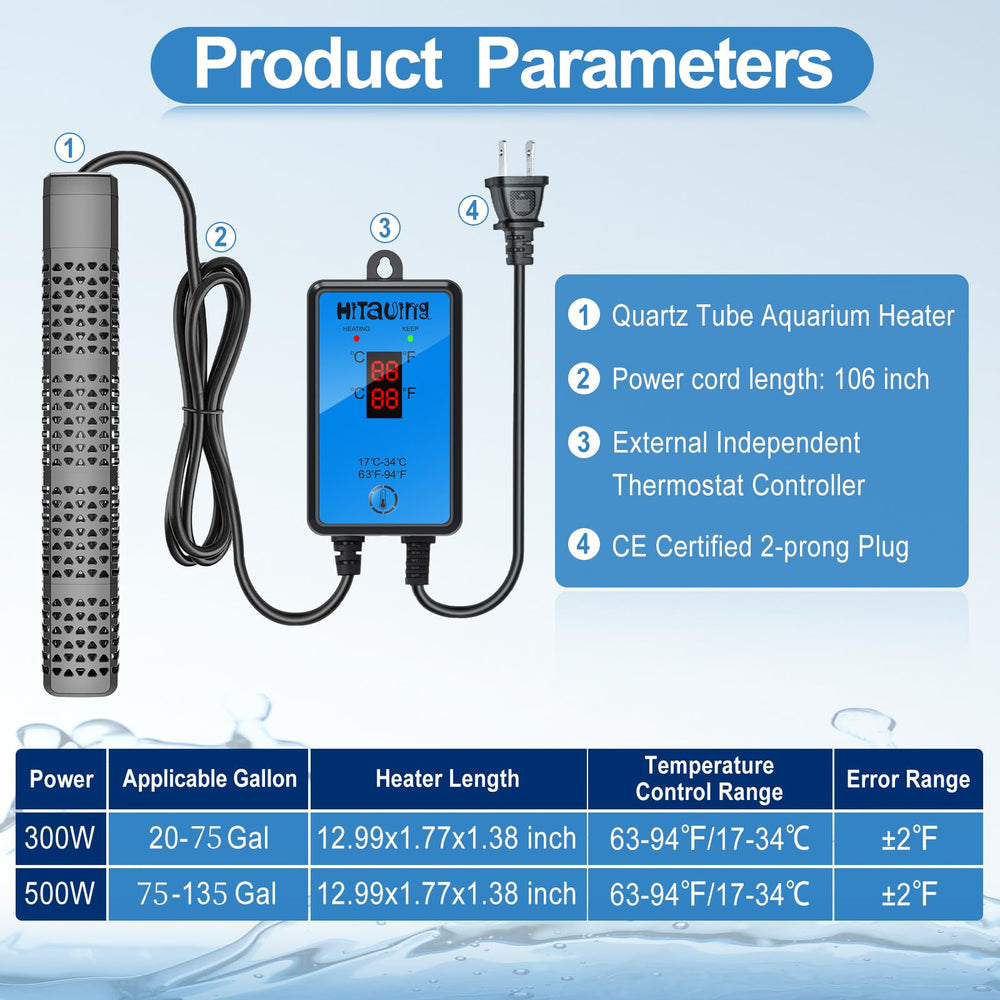 HiTauing aquarium heater supports saltwater and freshwater setups.