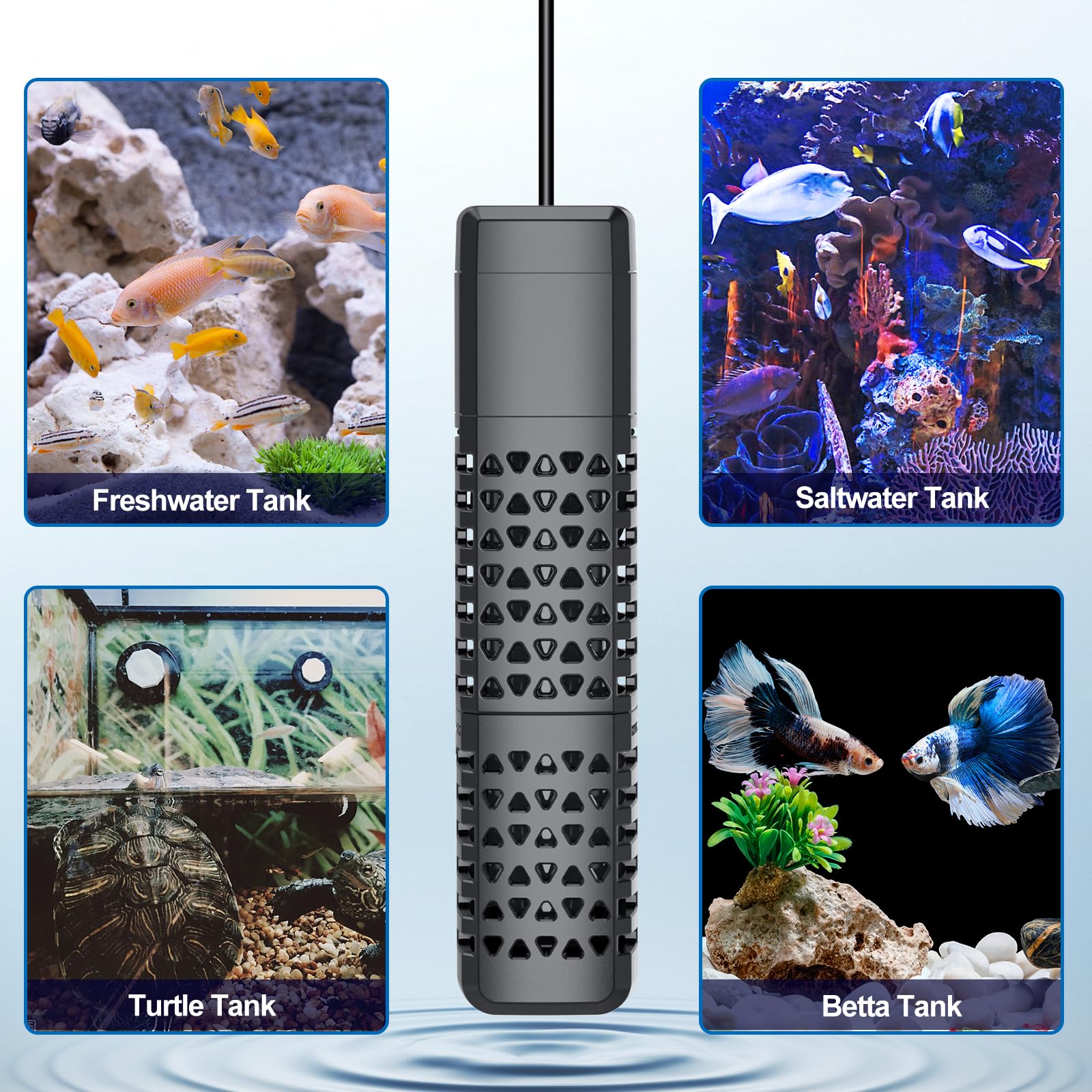 HiTauing 100W heater fits 10–20 gallon tanks for versatile setups.