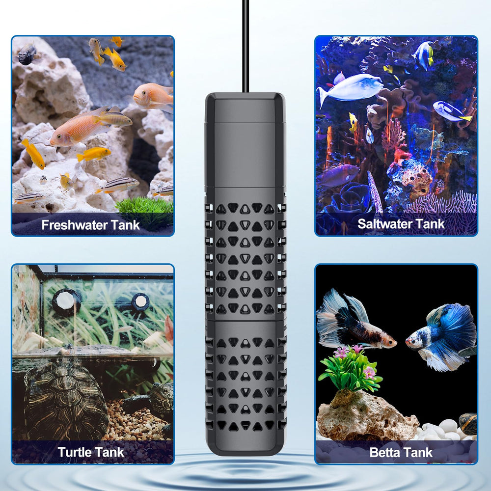 HiTauing 100W heater fits 10–20 gallon tanks for versatile setups.