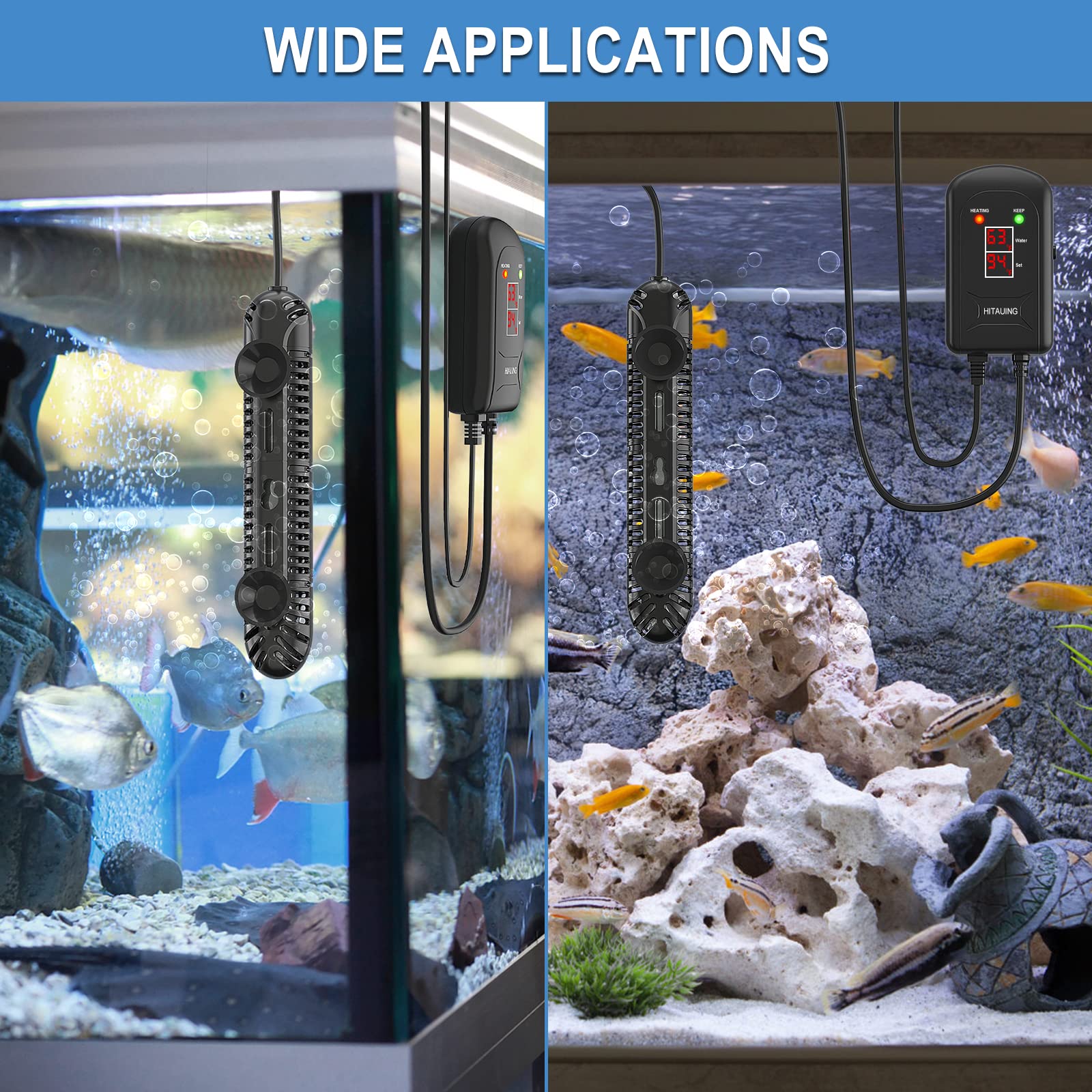 HiTauing temp control range 63-94°F supports tropical and temperate tanks