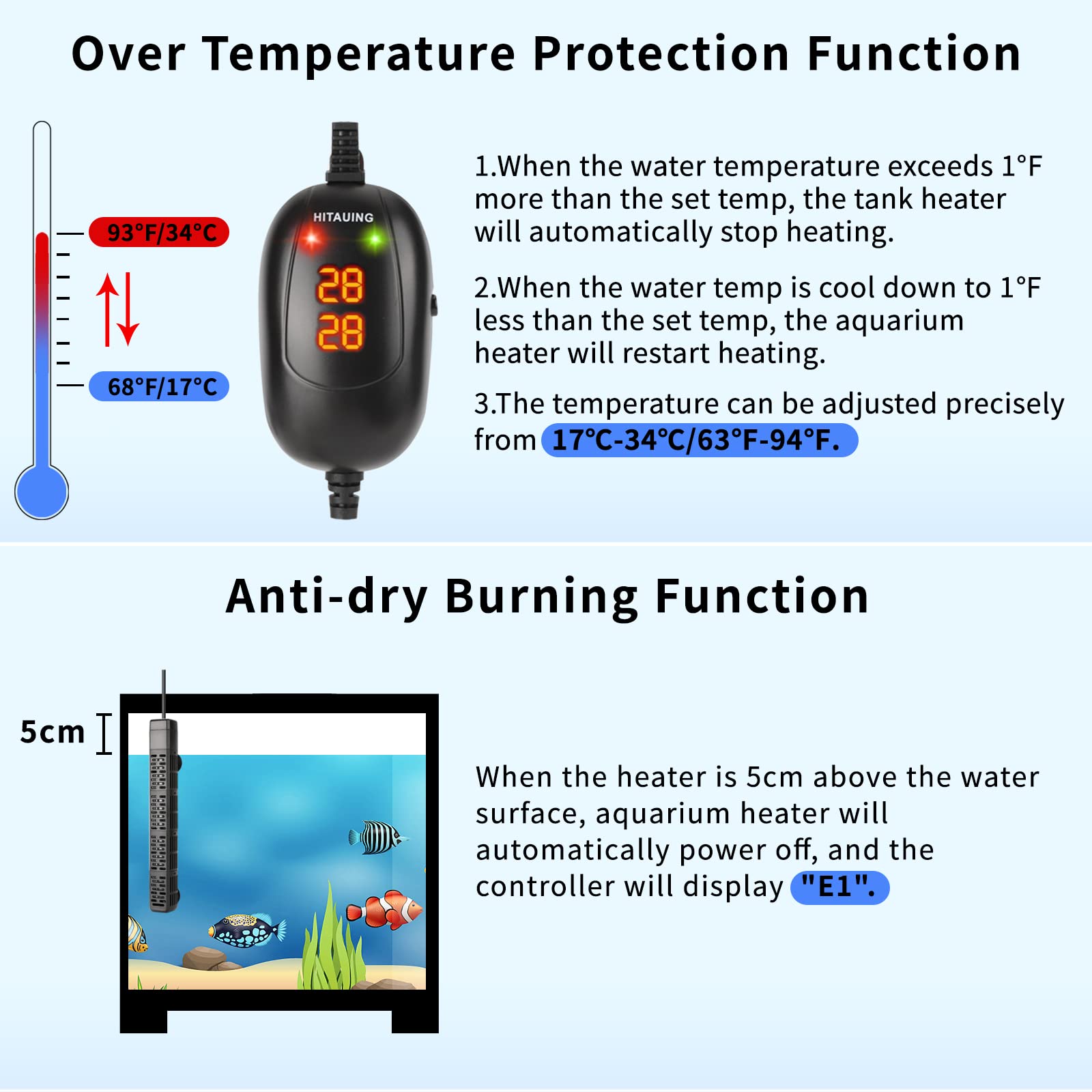 HiTauing aquarium heater shows two-temperature control for precise settings.