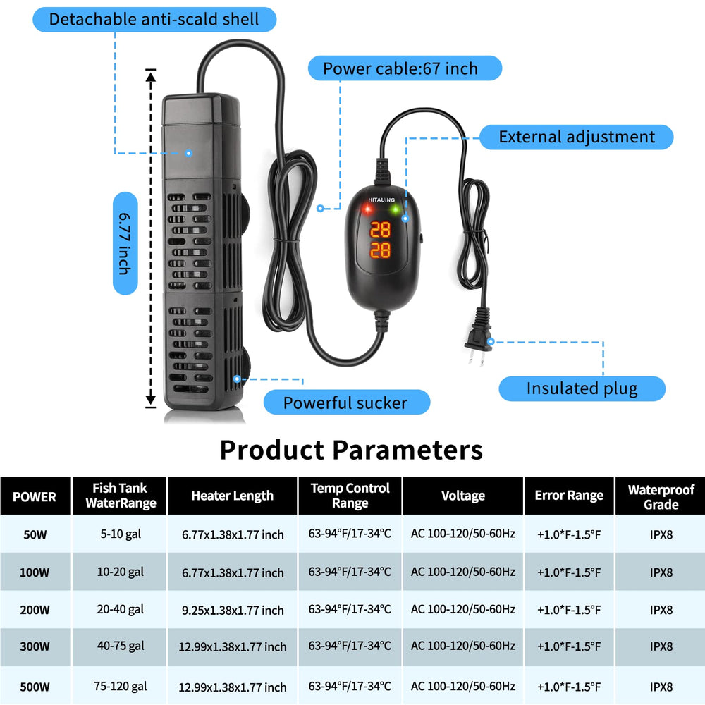 HiTauing aquarium heater external control displays Celsius and Fahrenheit for easy setup.