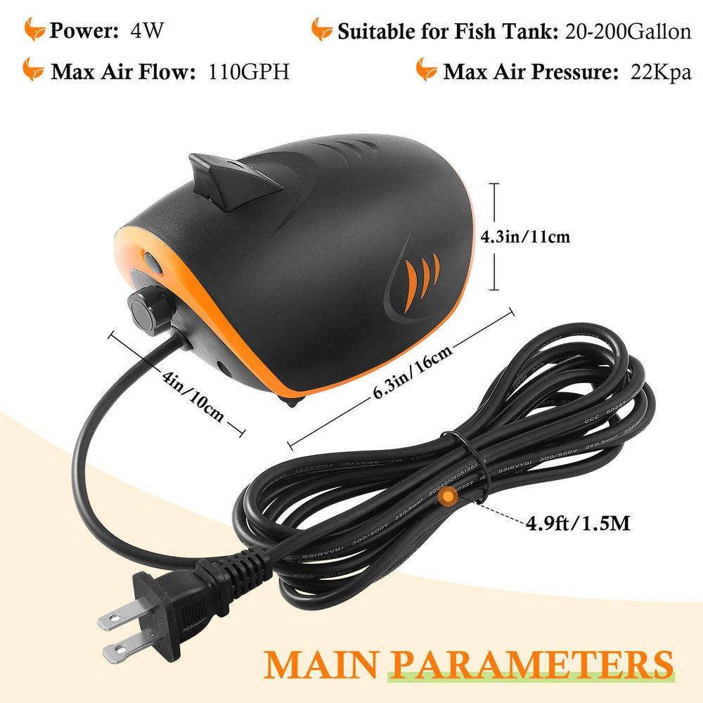 Hitop 4W shark-design air pump side view, eye-catching centerpiece with reliable aeration