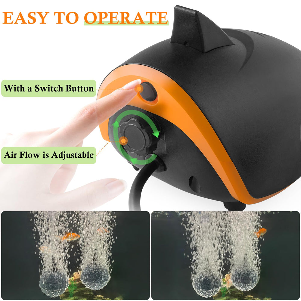 Hitop 4W 110GPH two-outlets pump, side view highlighting versatile aeration options
