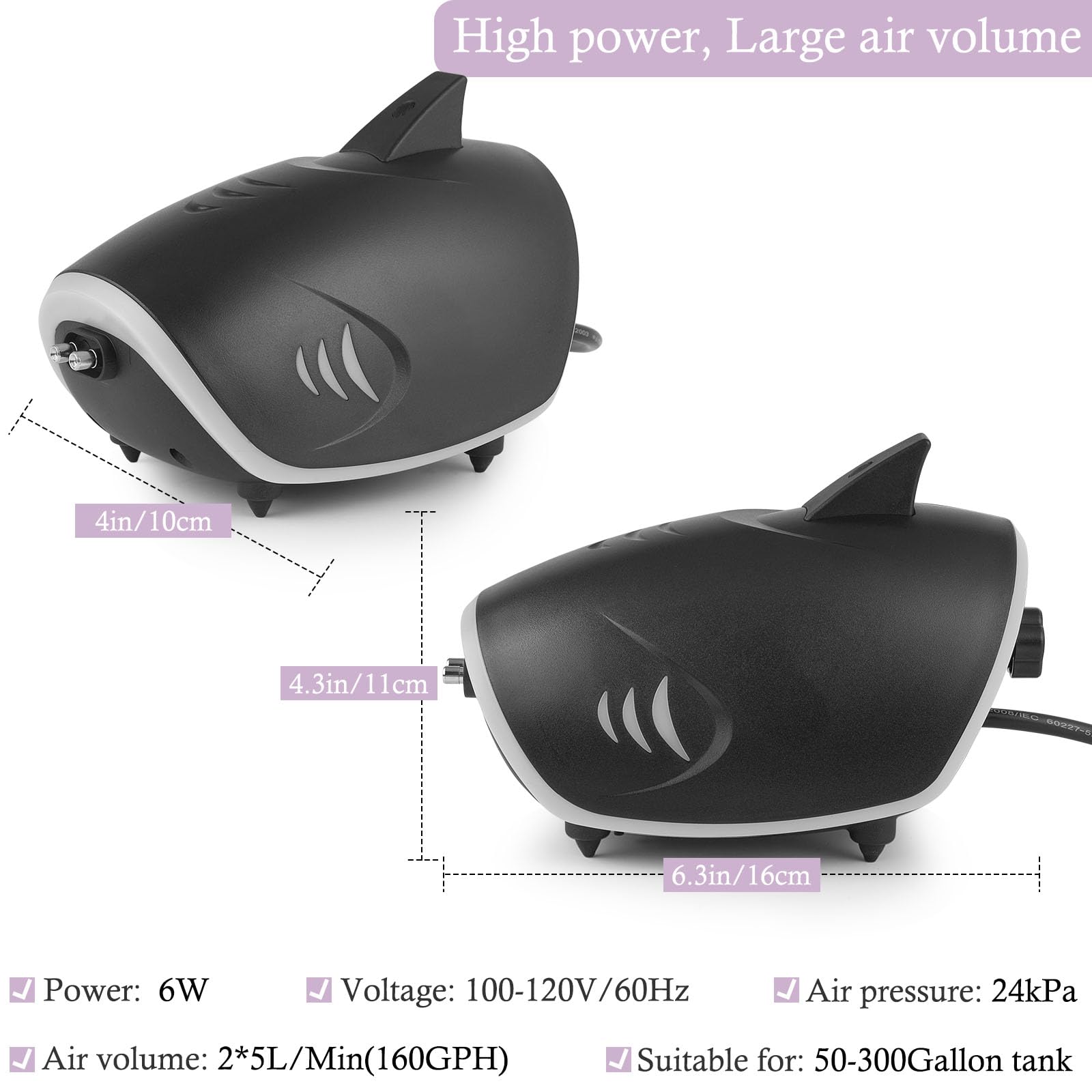 Hitop 6W shark-design air pump with side lighting for a playful tank accent